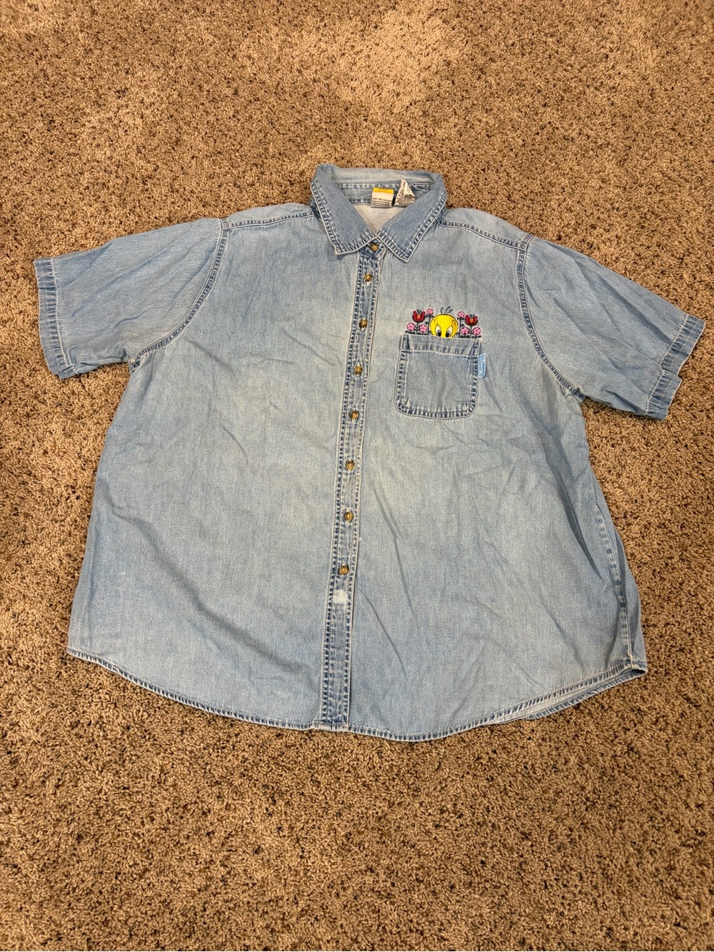 Warner Bros. Denim Vintage Button-Up Embroidered Tweety Bird Shirt, Sz. 22, Blue